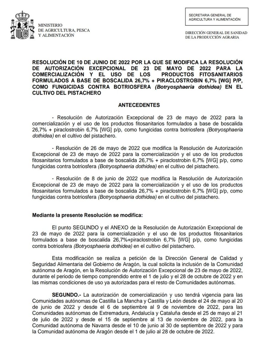 redfaragon's tweet photo. El @mapagob ha autorizado excepcionalmente en Aragón, el uso de #boscalida + #piraclostrobin para el control de #Botryosphaeria dothidea en pistachero.
#CSCV https://t.co/C6PyZif6Fp