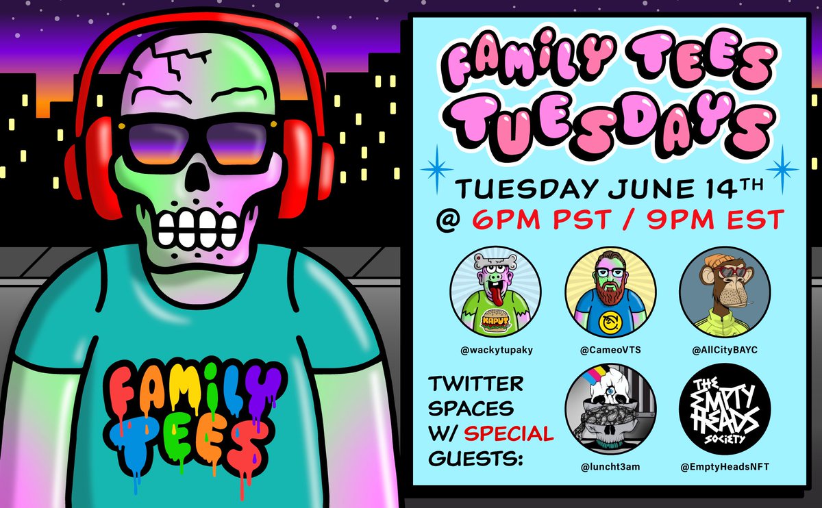 Hey FAM! Got a super fun #FamilyTeesTUESDAY coming up on June 14th at 6pm PST with the <a href="/EmptyheadsNFT/">The Emptyheads Society | Genesis SOLD OUT!</a> project and founder <a href="/luncht3am/">Luncht3am</a> 💥💥

Be sure to tune in for more fun, prizes and giveaways! Link below!!

x.com/i/spaces/1Mnxn…