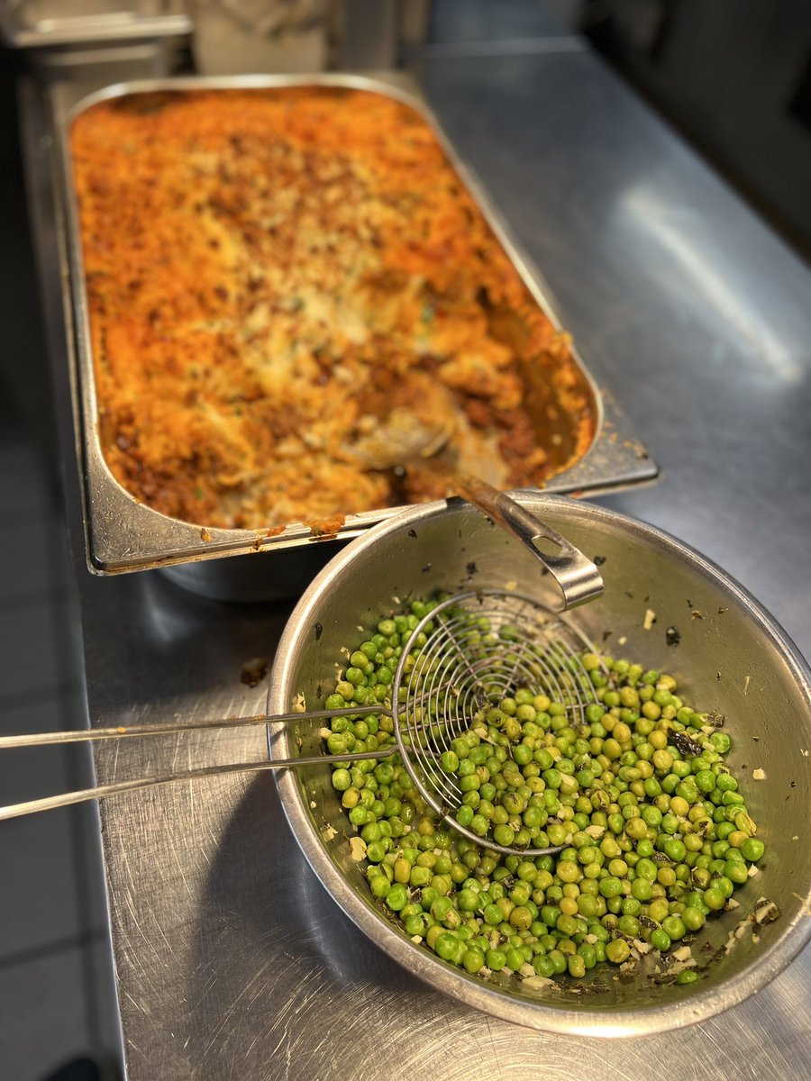 Staff dinner by Eddie. Indian Shepherd’s pie with ginger, lime and mint green peas! Proper!