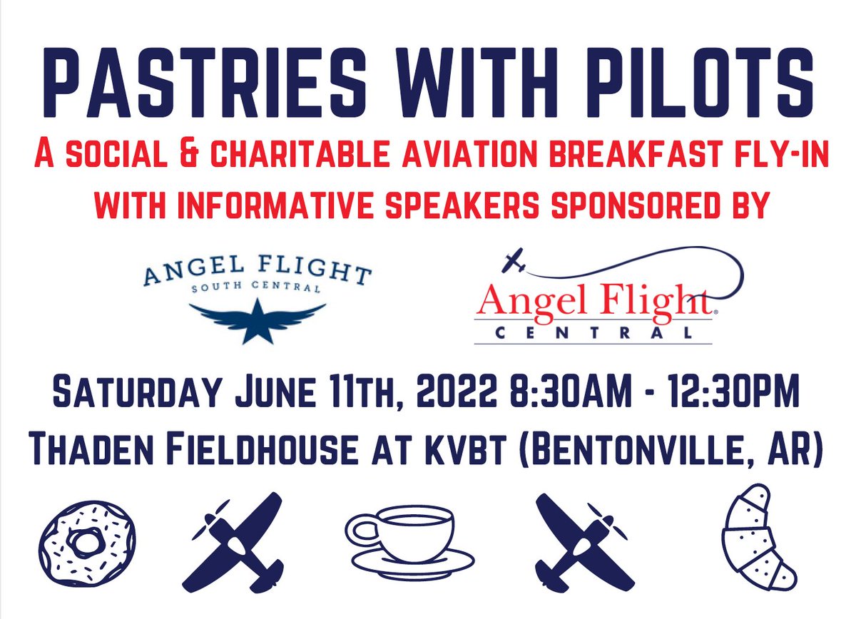 AngelFlightSC's tweet image. Who's headed to Bentonville, AR this weekend? The AFSC/AFC Pastries for Pilots event is tomorrow, June 11th, at Thaden Fieldhouse (KVBT) from 8:30am-12:30pm. We hope to see you there!