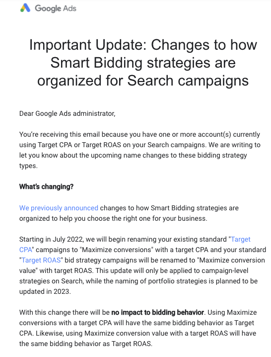 adtechnewslettr's tweet image. Updates to Google Ads Bidding Strategies - check out their official email (snippet) from @GoogleAds