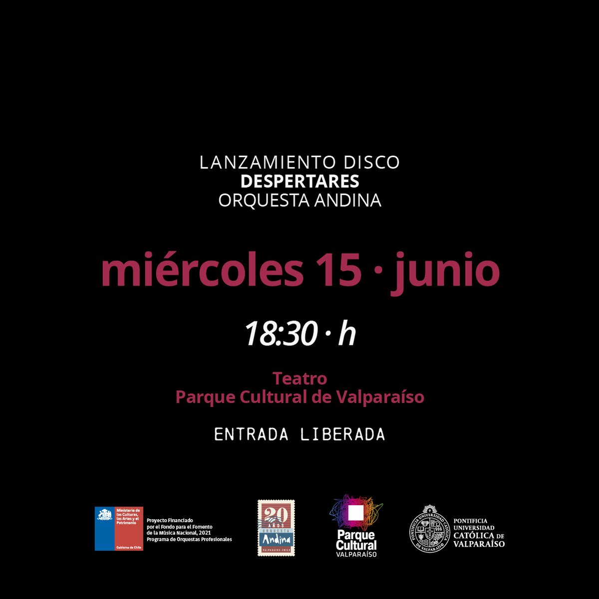 parquecultural's tweet photo. 🎼Te invitamos al #lanzamiento del #disco "Despertares", último trabajo de la reconocida y premiada @orquesta_andina de la @pucv_cl. La producción es financiada a través del Programa de Orquestas Profesionales de @culturas_cl. 
📆15 de junio a las 18:30hrs.
📍Teatro PCdV. https://t.co/RET2H7uJUj
