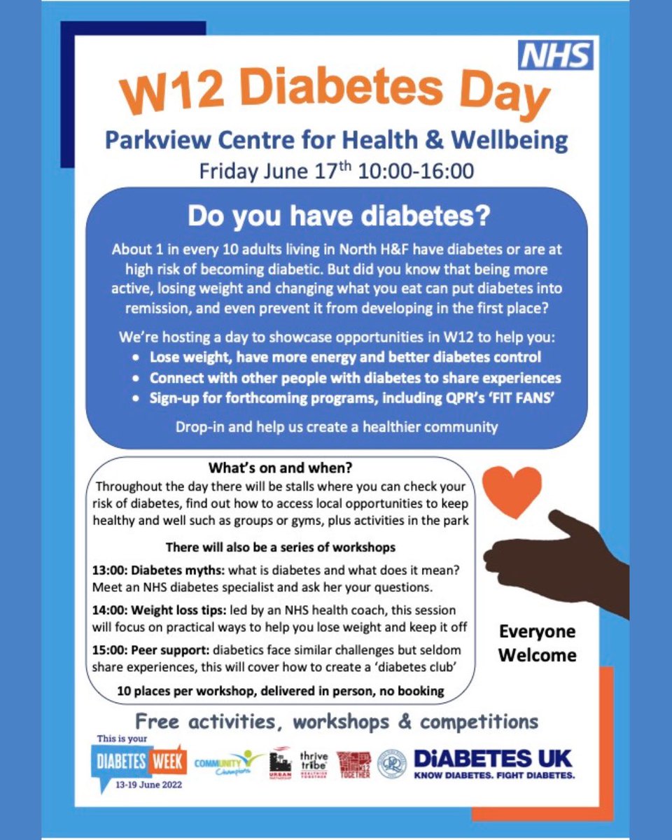 W12Together (@w12together) on Twitter photo W12 Diabetes Day taking place Friday 17th June at Parkview Health Centre
The event is to raise awareness of diabetes in the area as 1/10 people in the area have or are at high risk of becoming diabetic W12 Diabetes Day taking place Friday 17th June at Parkview Health Centre
The event is to raise awareness of diabetes in the area as 1/10 people in the area have or are at high risk of becoming diabetic
