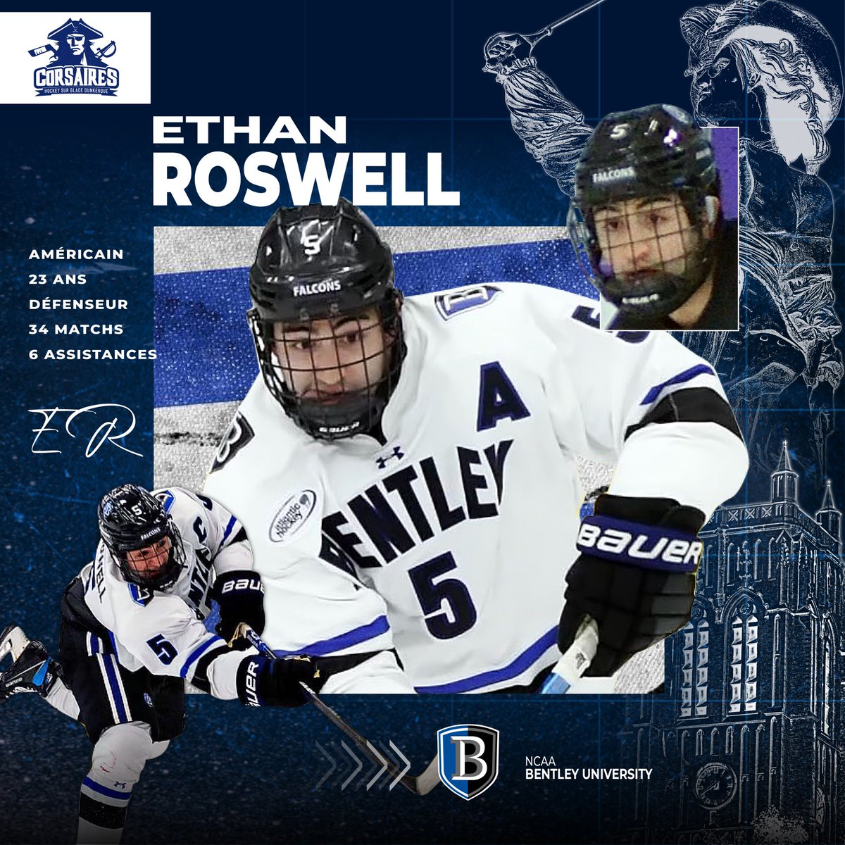 𝚃𝚛𝚊𝚗𝚜𝚏𝚎𝚛𝚝 𝟸𝟸/𝟸𝟹 ⚔️
Arrivée 🔥 :

Ethan ROSWELL sera Corsaire pour la saison 22/23 en provenance de <a href="/BentleyHockey/">Bentley Hockey</a> ⚔️

Le défenseur Américain qui a obtenu le Joe Tomasello Award récemment. Un renfort de poids pour la ligne bleue Dunkerquoise. 💪

Welcome Ethan ⚔️🤝