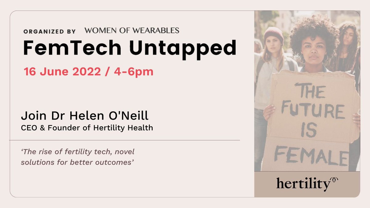 hertilityhealth's tweet photo. Join our founder and CEO @DrHelenONeill next Thursday June 16th 2022 from 4-6 pm BST for the #FemTechUntapped event "The rise of fertility tech- novel solutions for better outcomes" organised by @Women_Wearables ππΌ
#femtech #fertility #womenshealth #ttc https://t.co/OMTBKM1AKX