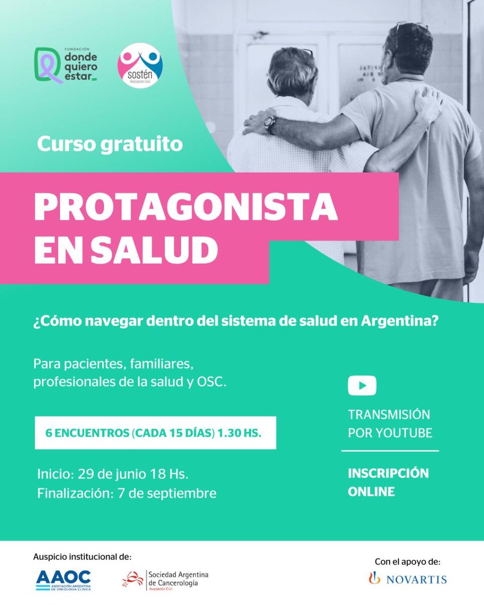 Somos ALAPA (@alapaargentina) on Twitter photo PROTAGONISTAS EN SALUD
👉 <a href="/AsocSOSTEN/">SOSTÉN Asociación Civil</a> y Donde quiero estar invitan a la capacitación virtual y gratuita destinada a pacientes, familiares, profesionales y OSCs.
📌 Se trata de 6 encuentros de 1.30 Hs.
📅 Inicia el 29 de junio
📝 Inscripción: bit.ly/protagonistaen… PROTAGONISTAS EN SALUD
👉 <a href="/AsocSOSTEN/">SOSTÉN Asociación Civil</a> y Donde quiero estar invitan a la capacitación virtual y gratuita destinada a pacientes, familiares, profesionales y OSCs.
📌 Se trata de 6 encuentros de 1.30 Hs.
📅 Inicia el 29 de junio
📝 Inscripción: bit.ly/protagonistaen…
