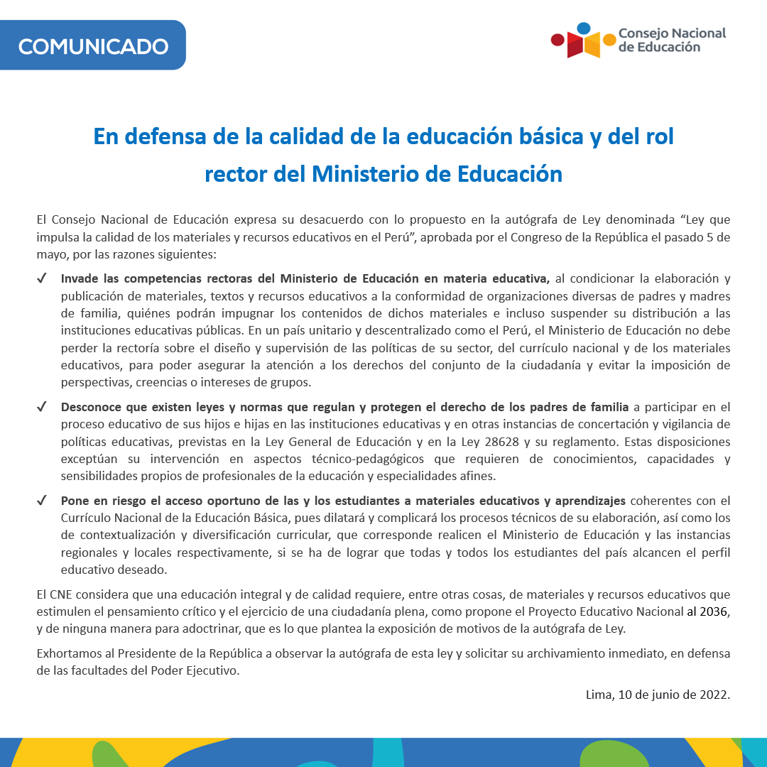 cneperu's tweet photo. #COMUNICADO | En defensa de la calidad de la educación básica y del rol rector del Ministerio de Educación 📄➡️ https://t.co/YbaawA6Xs4 https://t.co/TQC70xMsbi
