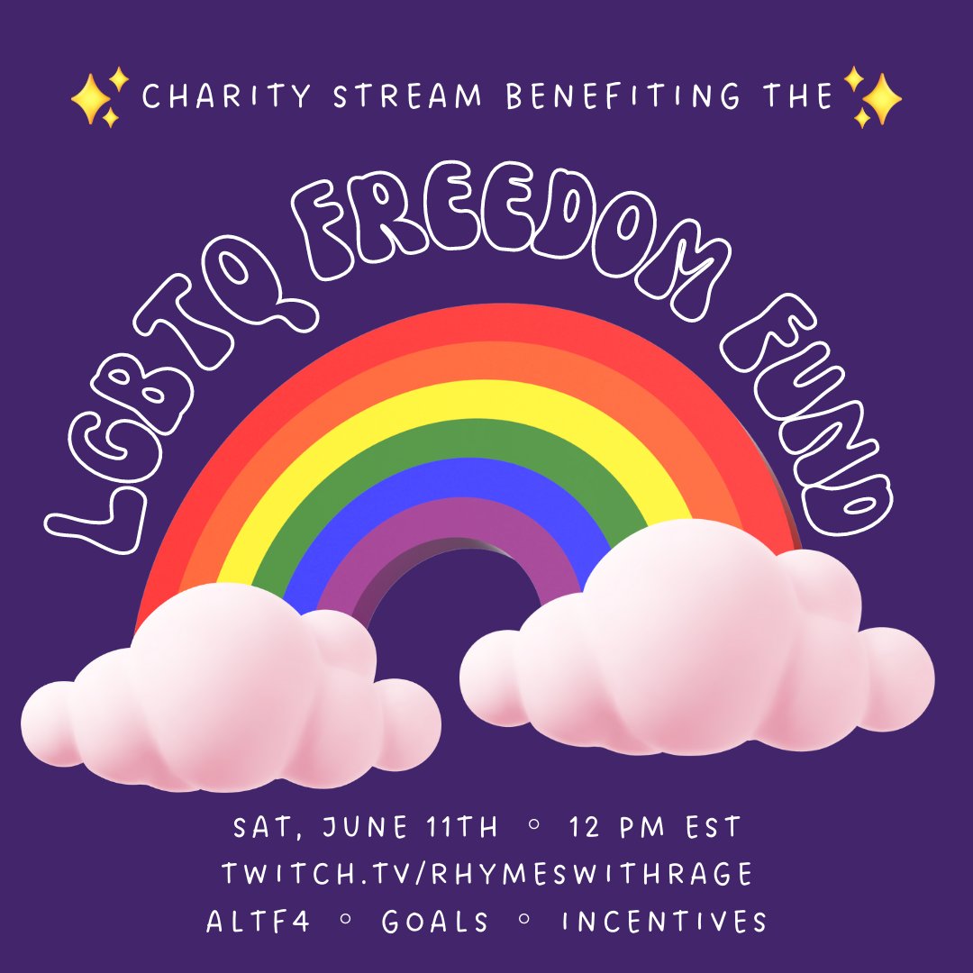 rhymeswithrage's tweet photo. my community and i will be raising money for the lgbtq freedom fund this saturday, june 11th starting at 12 pm est! there will be chats, altf4 gameplay, incentives and fun goals to hit ✨

tiltify campaign: https://t.co/2PeF41OAR3
learn more about the org: https://t.co/aFYPzLrA9a https://t.co/LwOwKQMHJT