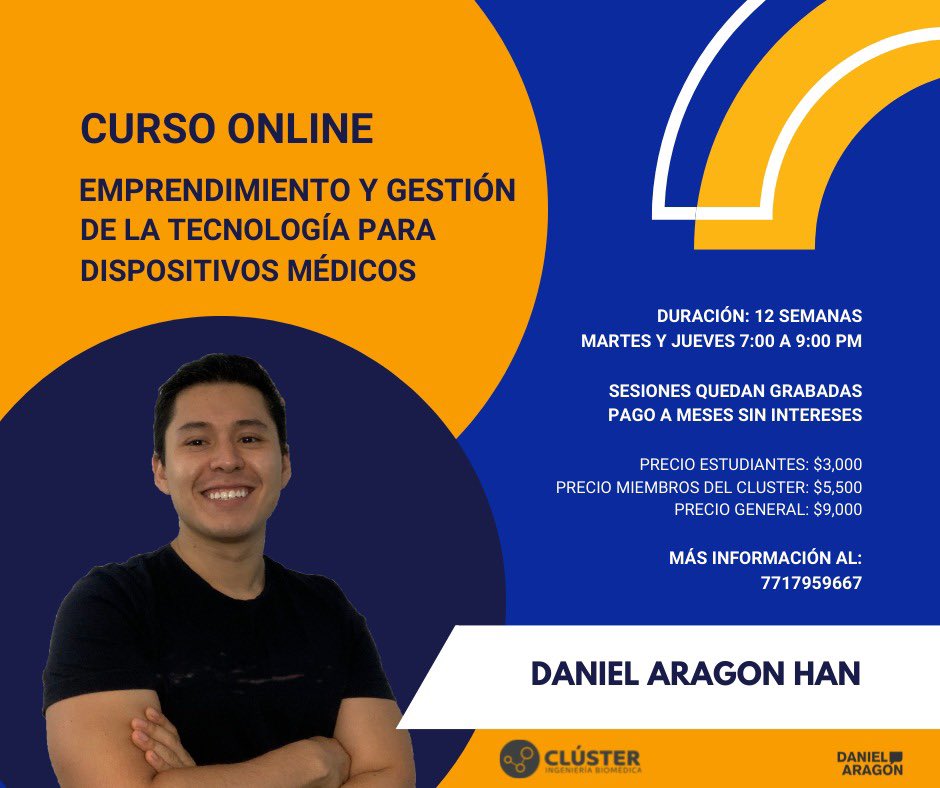 Los invitamos a participar el martes 12 de julio al curso online "Emprendimiento y gestión de la tecnología para Dispositivos Médicos” impartido por Daniel Aragón. 

Se les brindará un descuento del 40% a todos los miembros Clúster interesados.
Registro: forms.gle/fQp9cEggQmPkWZ…