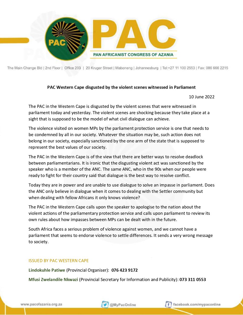📄| STATEMENT:
PAC in the Western Cape is disgusted by the violent scenes witnessed in <a href="/ParliamentofRSA/">Parliament of RSA</a>