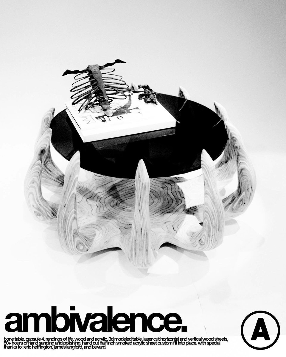 Ambivalence - bone table. Wood and acrylic. 3d modeled, laser cut, 60+ hours of hand sanded sculpting, custom fit smoked acrylic sheet.

I’ve been sketching iterations of this design since about 2018, the first of several home wear items to be included in my 4th body of work.