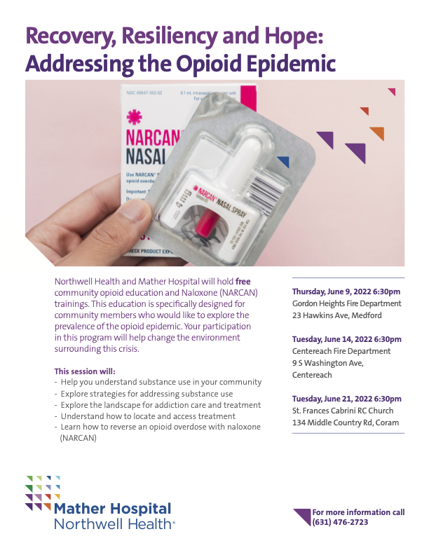 HcsBrookhaven's tweet photo. Did you get a chance to attend #matherhospital s FREE community #naloxone training &amp; distribution event last night at the Gordon Height's Fire Department in Medford? If not, don't worry, there's one coming up June 14th in Centereach!  Check flyer for details.
#naloxonesaveslives https://t.co/3IjXkv1M1Z