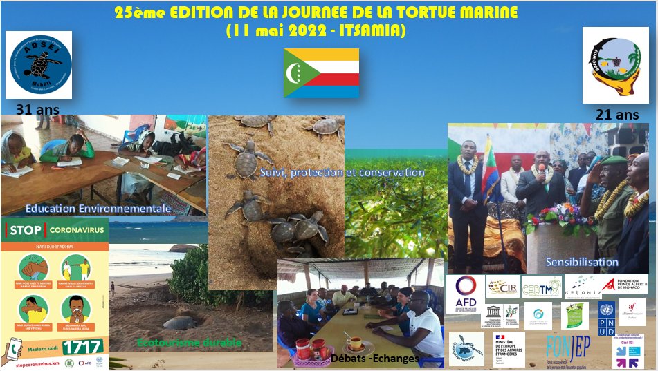 Fêtons ensemble la 25ème édition de la Journée de la Tortue Marine à Itsamia. #Suivi écologique, sensibilisation, éducation environnementale, activités culturelles et sportives, tourisme durable.<a href="/pnmMoheli/">Parc National de Mohéli</a>, @ADSEI, <a href="/AFD_France/">Agence Française de #Développement (AFD) 🇫🇷 🇪🇺</a>, <a href="/LUnionEuropenne/">L'Union Européenne</a>, <a href="/AmbaFrancekm/">La France aux Comores 🇫🇷 🇪🇺</a>, <a href="/cedtm/">CEDtM Netlabel</a>, @kelonia.