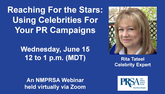 Celebrities can be an important part of #PR campaigns, bringing visibility and media attention. But, do you know how to best work with them? Learn how during #NMPRSA's free, virtual program, hosted by celebrity expert Rita Tateel. Sign up today, here: nmprsa.org/meetinginfo.ph…