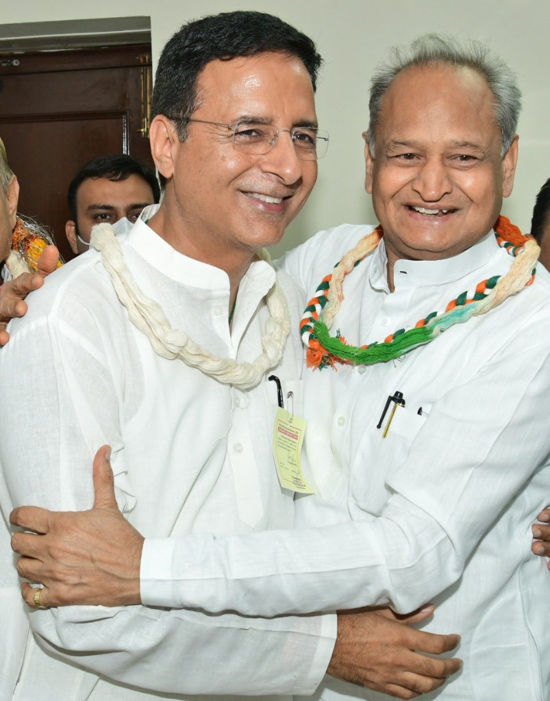 ashokgehlot51's tweet photo. The success of Congress candidates on three Rajya Sabha seats in Rajasthan is a victory of democracy. I heartily congratulate all the three newly elected MPs, Shri Pramod Tiwari, Shri Mukul Wasnik and Shri Randeep Surjewala. https://t.co/1qeLSbqflE