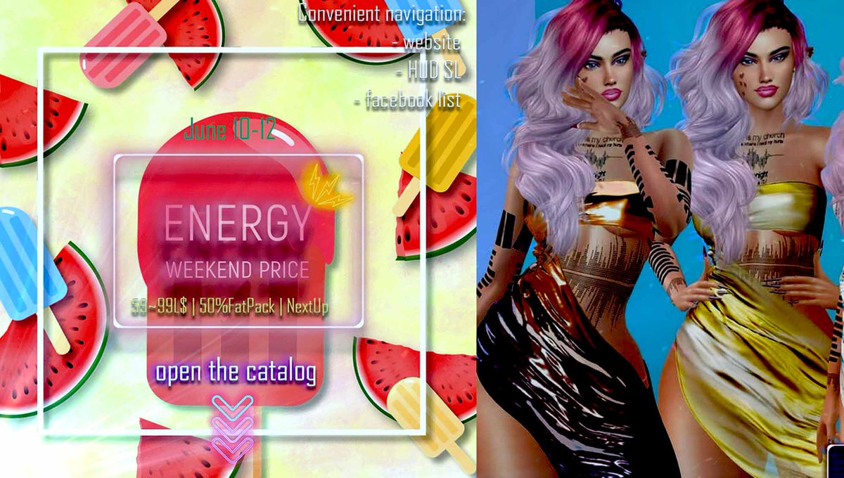 MediaSL1's tweet photo. ENERGY Weekend Price - June 10-12
✔️ #SecondLife ✔️ #MediaSl ✔️ #SL
⭐ join https://t.co/AaO41oZ8bz Discord: https://t.co/S8R6esljwl
#ENERGYsl #ENERGYWeekend #PromoSL #SaleSL #Secondlife #secondlifefashion #SL #slfashion
https://t.co/ybGXTpMyHV https://t.co/kAuanhM3yc