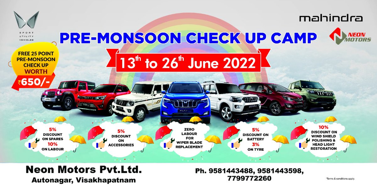 ltd_neon's tweet photo. Pre-Monsoon Check up Camp on 13th June to 26th June 2022.
Please contact More Details 9581443521

#Neonmotors #Autonager #visakhapatnam 
#Vizianagaram https://t.co/P4u3MCCRF4