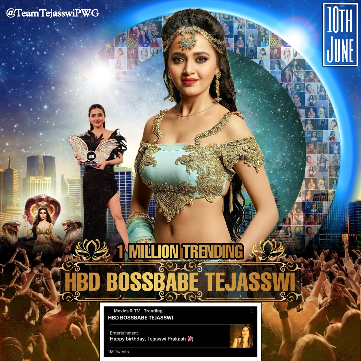 MasterBoyAK's tweet photo. " HBD BOSSBABE TEJASSWI " Trending with 1 Million Tweets in India✨

This Shows how much precious @itsmetejasswi is for us. She always do her best to make us feel proud, we always try our best to hype. This is the eternal bond we share with her💕💞

#TejasswiPrakash #TejaTroops https://t.co/hbxsmrom0l