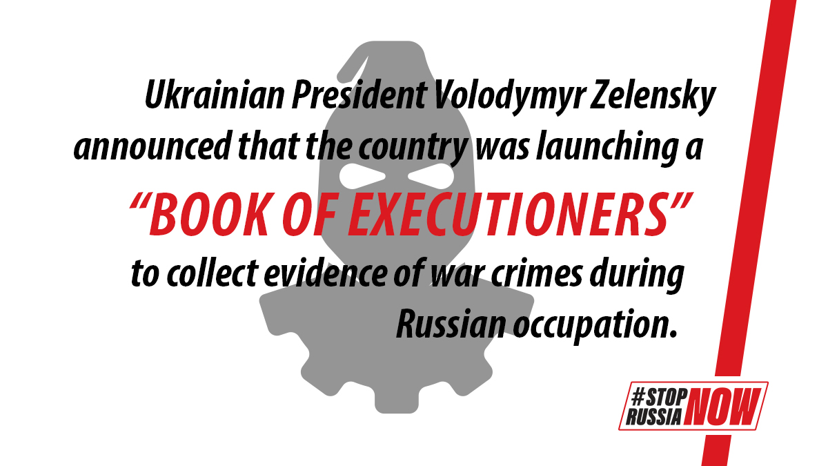 Stop_RussiaNOW's tweet photo. Ukrainian President @ZelenskyyUa announced that the country was launching a "Book of Executioners" to collect evidence of war crimes during Russian occupation. 
Help us #StopRussiaNOW🛑  
Learn more and visit🌐➡️ https://t.co/0isrYOMkWh
@DmytroKuleba @YourAnonRaport @OlafScholz https://t.co/lrZu9BgUkk