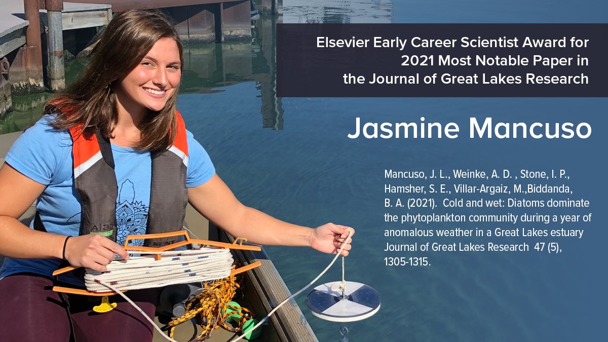 IAGLR's tweet photo. Congratulations Elsevier Early Career Scientist Award winner Jasmine Mancuso (@jazzmancuso) - Most Notable Paper in '21 #JGLR w/ @1tweinke2many, @ianstone27, Sarah Hamsher, @mani_villar, Bopi Biddanda @GVSU_AWRI https://t.co/SCMQsB76AT #GreatLakes #diatoms #MuskegonLake https://t.co/34KajMLAqR
