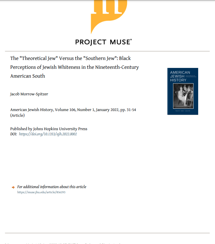 JewishSouth's tweet photo. What we're reading this weekend: a fabulous new article by @morrow_spitzer about African American perceptions of Jews in the postbellum South. You can check it out in the Journal of American Jewish History via the link below: https://t.co/mytOoDunxx https://t.co/KnLyHq1XxU