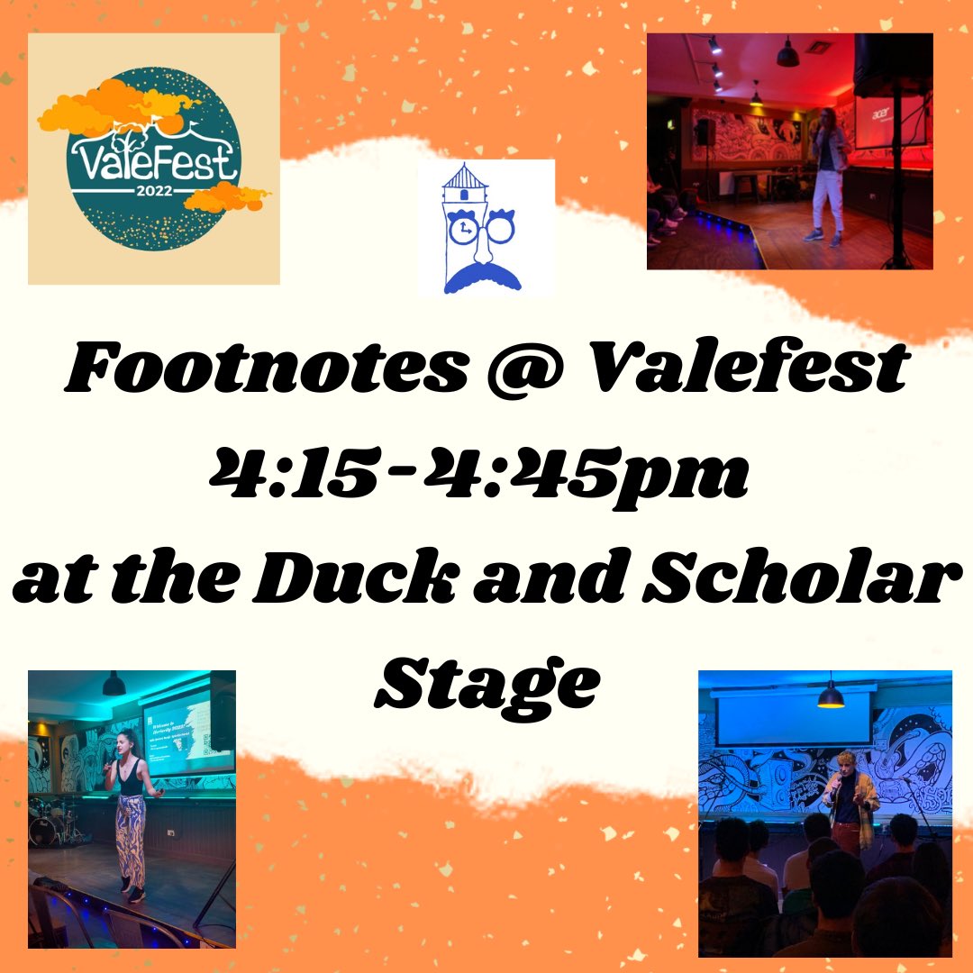 BFootnotes's tweet image. Footnotes are performing a stand up show @TheValeFestival tomorrow! 4:15 on the Duck and Scholar stage! 🥳 #Valefest #Comedy #Standup