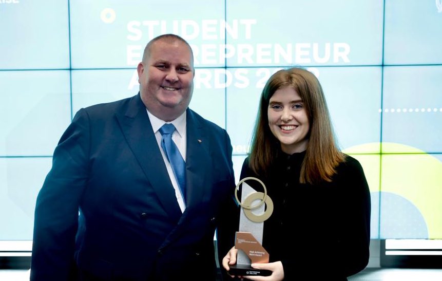 studententrepr1's tweet photo. Richard O’Connor presents the High Achieving Merit Award sponsored by @CruickshankIP to Claire Finnegan who is also representing @StAngelasSligo at the 2022 #StudentEntrepreneurAwards final. https://t.co/WR8L7tyU6y