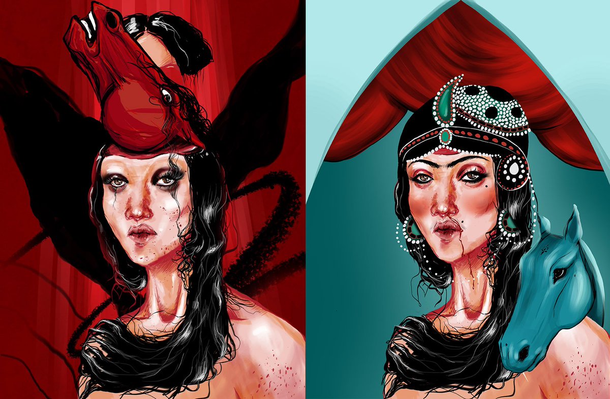 Hi everyone 👹
Workin on my collection MoodyFace.
They're inspired by my childhood when I used to draw horses every day so I decided to continue that style, and you can see a rare edition with a mixture of Qajar outfit at the right side. 
I'd like to know your opinion 😍🤌
#objkt