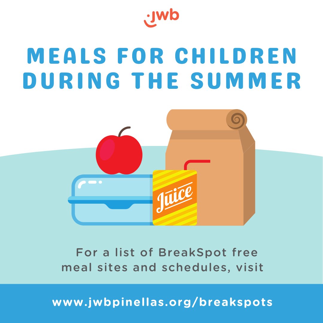 JWBPinellas's tweet photo. BreakSpot Grab &amp; Go Meals for Kids ensure children receive free, nutritious meals throughout the summer. BreakSpot meals are available until August 5th, Monday - Friday. Sites will be closed on July 4 for the holiday. 

For the #BreakSpot schedule, visit https://t.co/HPISkqeek3. https://t.co/WEJDW0vYeC