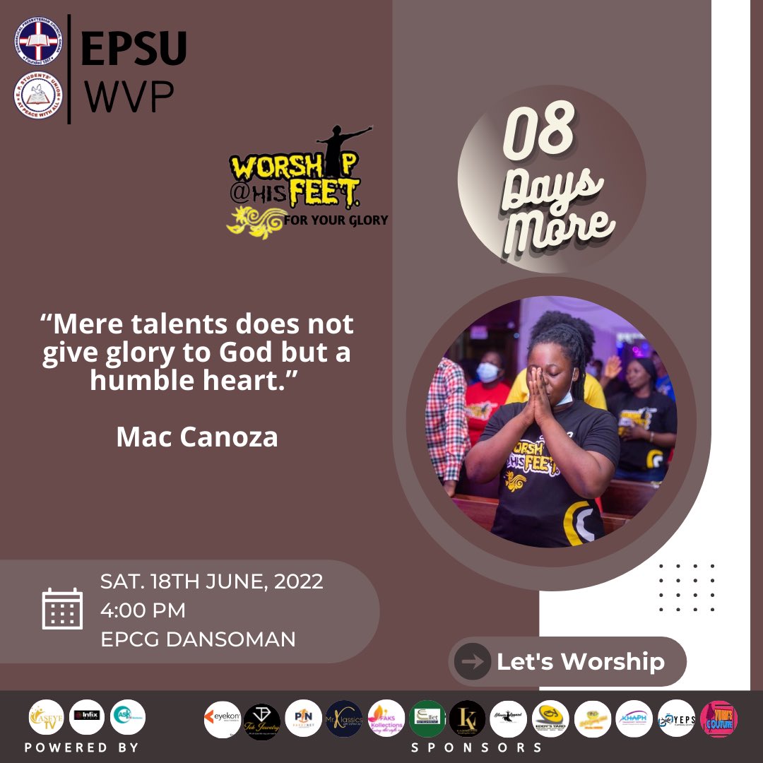 epsuwvp's tweet photo. 🔥WAHF’22_FOR_YOUR_GLORY🔥
“Mere talents does not give glory to God but a humble heart.” - Mac Canoza
0️⃣8️⃣ Days More to WAHF’22
Save the date for a true worship experience!!
W@HF ‘22…. For Your Glory🙌🏽
#EPSUWestVee #EPSUWVP
#WAHF
#ForYourGlory
#WAHF22 https://t.co/kHK4WYQQsI
