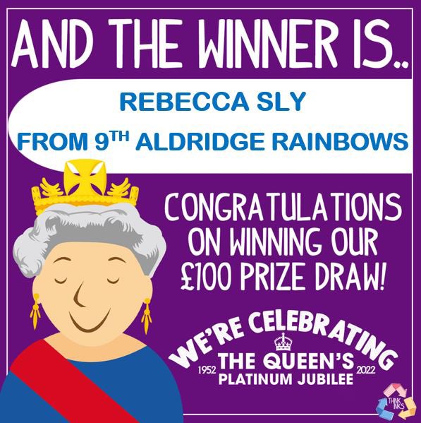 🤩🥳CONGRATULATIONS TO OUR JUBILEE PRIZE DRAW WINNER......🤩🥳
 
Bec Sly from 9th Aldridge Rainbows
 
Well done Rebecca, you've won our £100 prize draw
 
And a huge well done to all those who entered!!