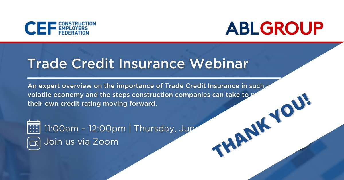 CEFNI1's tweet photo. A big thank you to CEF Patrons @AbbeyBondLovis for hosting yesterday's highly informative Trade Credit Insurance webinar. 👏 👏
Watch the full webinar now on our YouTube 👇https://t.co/xx5sLNGLGv
#CEF #Construction #ABLGroup #Insurance https://t.co/1mGVfM0601