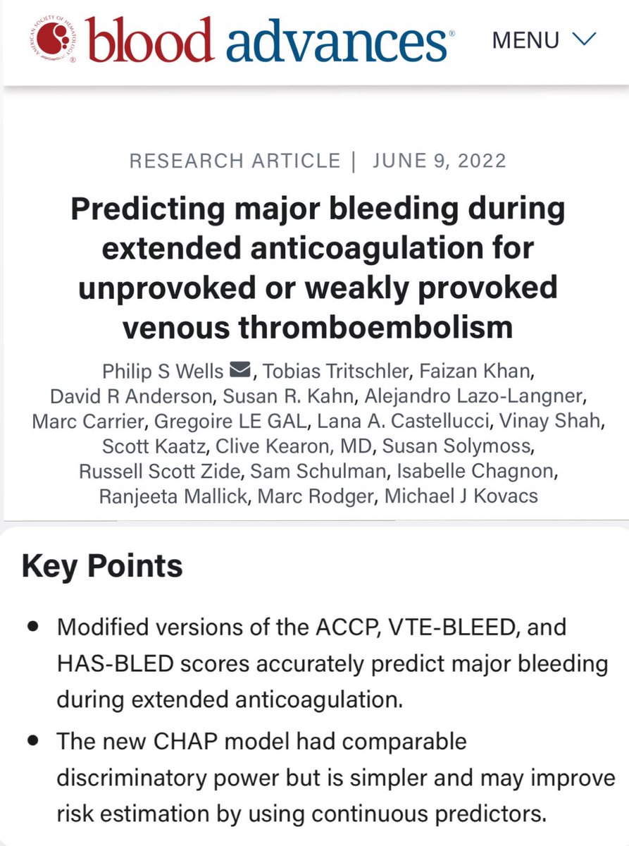FaizanK91's tweet photo. 🆕 The BLEEDING RISK Study, now published in @BloodAdvances, derived the new CHAP model (creatinine, hemoglobin, age, antiplatelet use) to identify unprovoked #VTE patients at high risk of major bleeding &amp; compared its performance with 5 existing scores.

https://t.co/cOaE1eGvfL https://t.co/I8Vn1EMAbD
