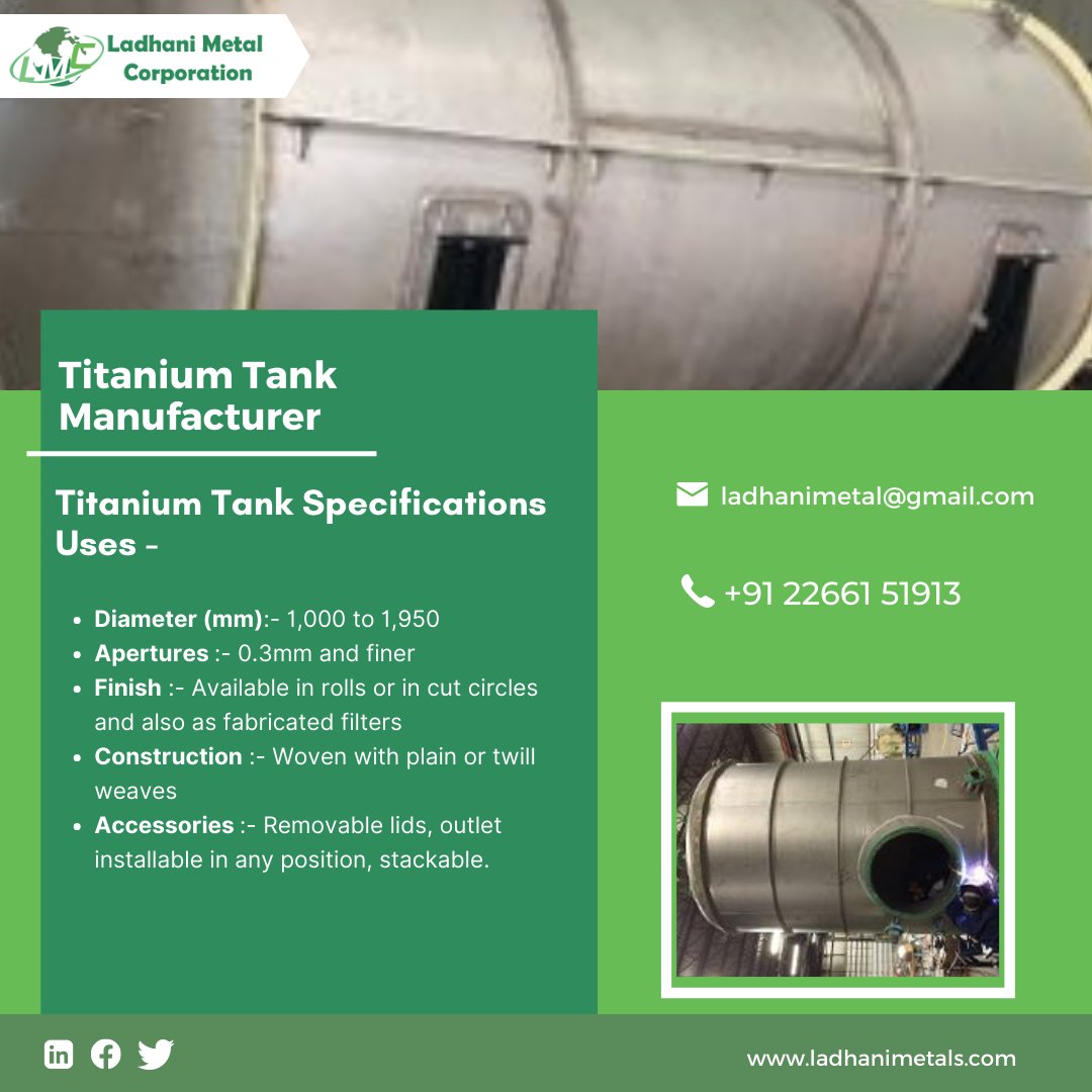 LadhaniMetals's tweet image. Titanium Tank,Vessel &amp;amp; Refineries Manufacturer in India
Ladhani Metal Corporation is one of the leading Titanium Tank Manufacturer, Supplier, Stockists &amp;amp; Exporter in India.

Source:ladhanimetals.com/titanium-vesse…
Mail:ladhanimetal@gmail.com
Contact:+91 22661 51902
#titanium #titaniumtank