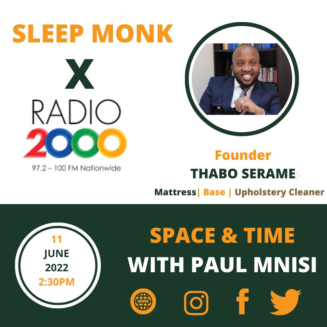 IamThaboIsaac's tweet photo. 📣📣📣📣 Catch @sleep_monk tomorrow on @radio2000za  @paulmnisi discussing all things Sleep Monk. We will be talking about the Sleep Monk story, we will be taking about its business or franchise opportunities and how you can get a bed from as little as R250pm
#sleepmonkglobal https://t.co/wT1GyJNBzP