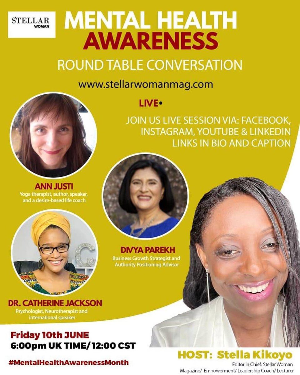 I’m looking forward to this mental health talk later today. Join us at  12:00 CST/1pm EST.  It streams live on Stellar Woman Magazine’s LinkedIn, Twitter, Facebook and YouTube. 
Looking forward to seeing you then.