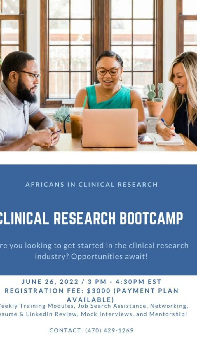 jaaygurl's tweet photo. Hi there! Are you tired of your current job? Not sure how to get started in the clinical research industry? No experience, no problem! Africans in clinical research offers an 8 week fast track bootcamp, resume and Linkedin building, mock interviews and more! https://t.co/jUNZnXk6jf