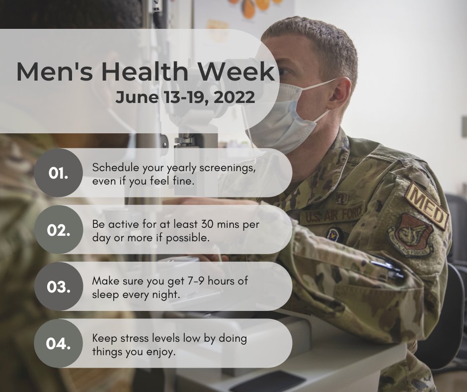 Air Force Medicine (@usafmedicine) on Twitter photo This week is #MensHealthWeek 🚹
Getting the most out of life requires a commitment to attitudes that foster healthy lifestyle choices. Below, you can find a few tips to get started! #menshealth #healthyAF This week is #MensHealthWeek 🚹
Getting the most out of life requires a commitment to attitudes that foster healthy lifestyle choices. Below, you can find a few tips to get started! #menshealth #healthyAF
