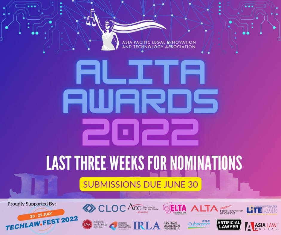 3 more weeks for nominations for best  #legaltech #legalinnovation #APAC! Awesome supporters incl @cloc_org #cloc  <a href="/ALTAdotLAW/">ALTA - Australian Legal Technology Association</a> <a href="/ILTANet/">ILTA - International Legal Technology Association</a> <a href="/alitalegal/">alitalegal</a> <a href="/ArtificialLawya/">Artificial Lawyer</a> <a href="/TechLawFest/">TechLaw.Fest</a> <a href="/Legalpreneurs/">CLI</a> <a href="/cyberport_hk/">Cyberport</a> <a href="/AsiaLawPortal/">Asia Law Portal</a> Details &amp; register here: alita.legal/alita-awards-2…