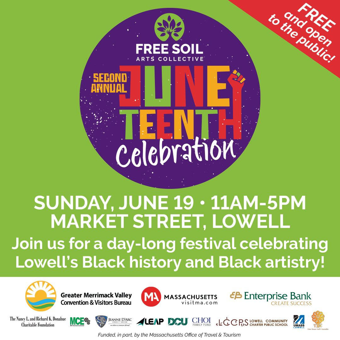 Boys & Girls Club of Greater Lowell (@bgcgl_) on Twitter photo Juneteenth is less than 2 weeks away, and there are many local events happening to celebrate the federal holiday. <a href="/soil_collective/">Free Soil Arts Collective</a> is hosting their 2nd Annual Juneteenth Celebration on 6/19 from 11:00 to 5:00. To find out more about the event, visit: freesoiljuneteenth.org Juneteenth is less than 2 weeks away, and there are many local events happening to celebrate the federal holiday. <a href="/soil_collective/">Free Soil Arts Collective</a> is hosting their 2nd Annual Juneteenth Celebration on 6/19 from 11:00 to 5:00. To find out more about the event, visit: freesoiljuneteenth.org