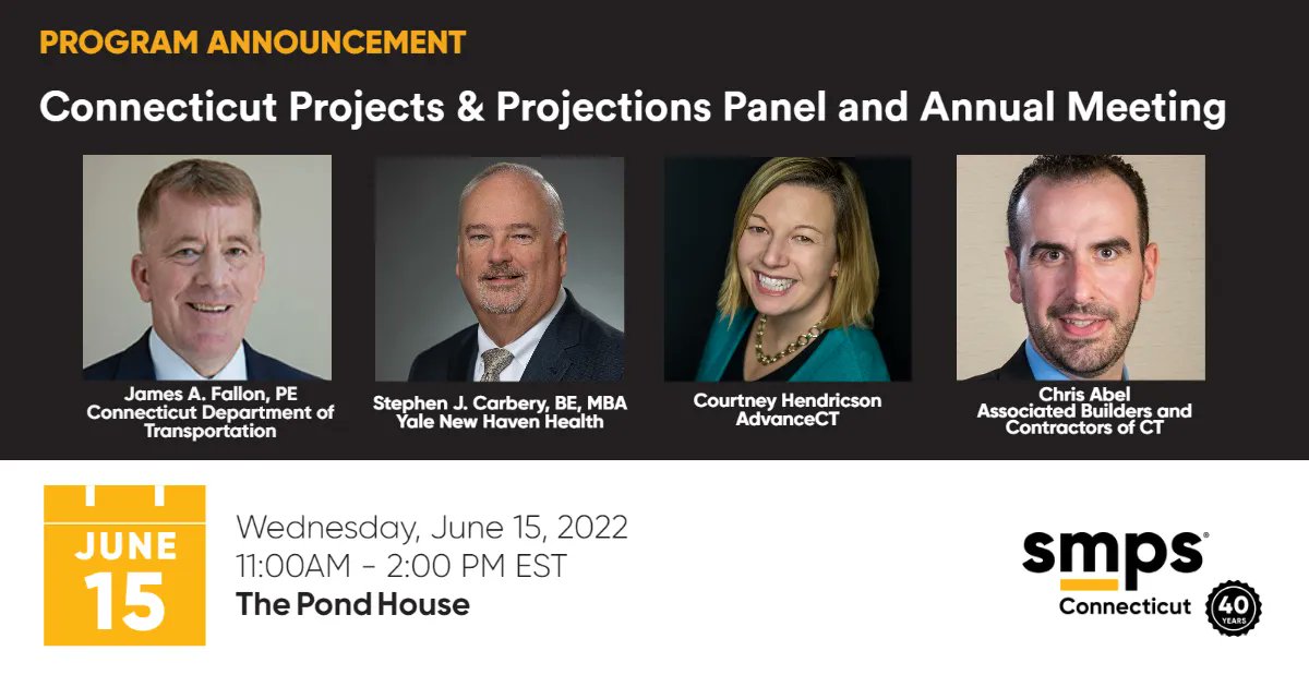 smpsct's tweet photo. Last day to register for SMPS CT's annual meeting and Connecticut Projects &amp; Projections Panel! The panel will be moderated by Chris Abel, ABC CT, and include James Fallon, CTDOT; Stephen Carbery, Yale New Haven Health; and Courtney Hendricson, AdvanceCT! https://t.co/8kha0LuEKE https://t.co/NRdebC9BgB