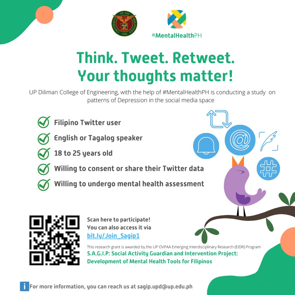 mentalhealthph's tweet image. Are you a Twitter user? Help us understand patterns of Depression in the social media space!
Interested participants can sign up at: 
docs.google.com/forms/d/e/1FAI…

Your contribution to this research will be very valuable to the community. Thank you in advance, champs!  #MentalHealthPH