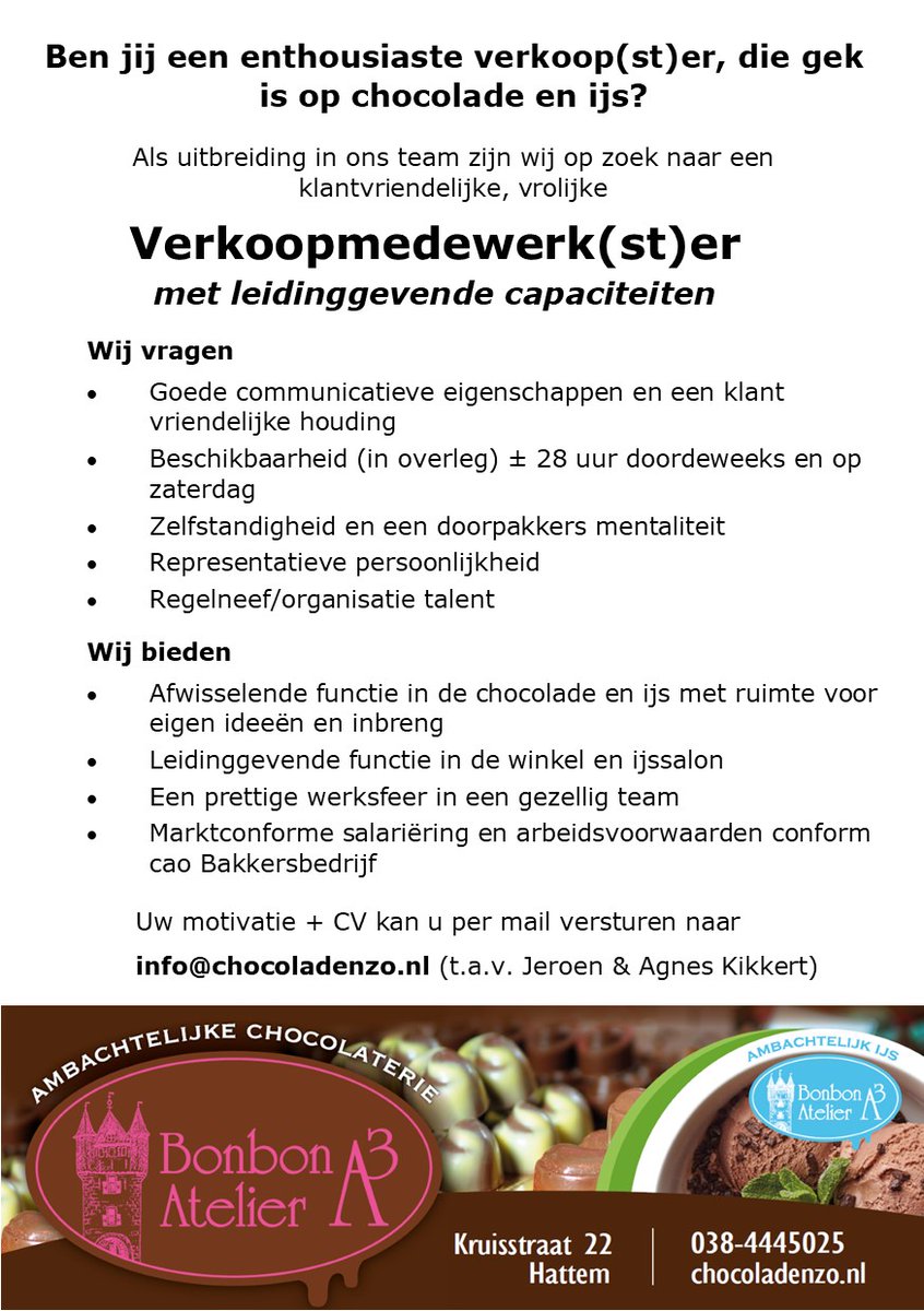 Heb jij zin om te werken bij het lekkerste bedrijf van Hattem?
Binnen ons team is een leuke functie vrijgekomen.

Ben jij die enthousiaste verkoper met oog voor details en graag zaken regelt?

Dan zijn wij op zoek naar jou.