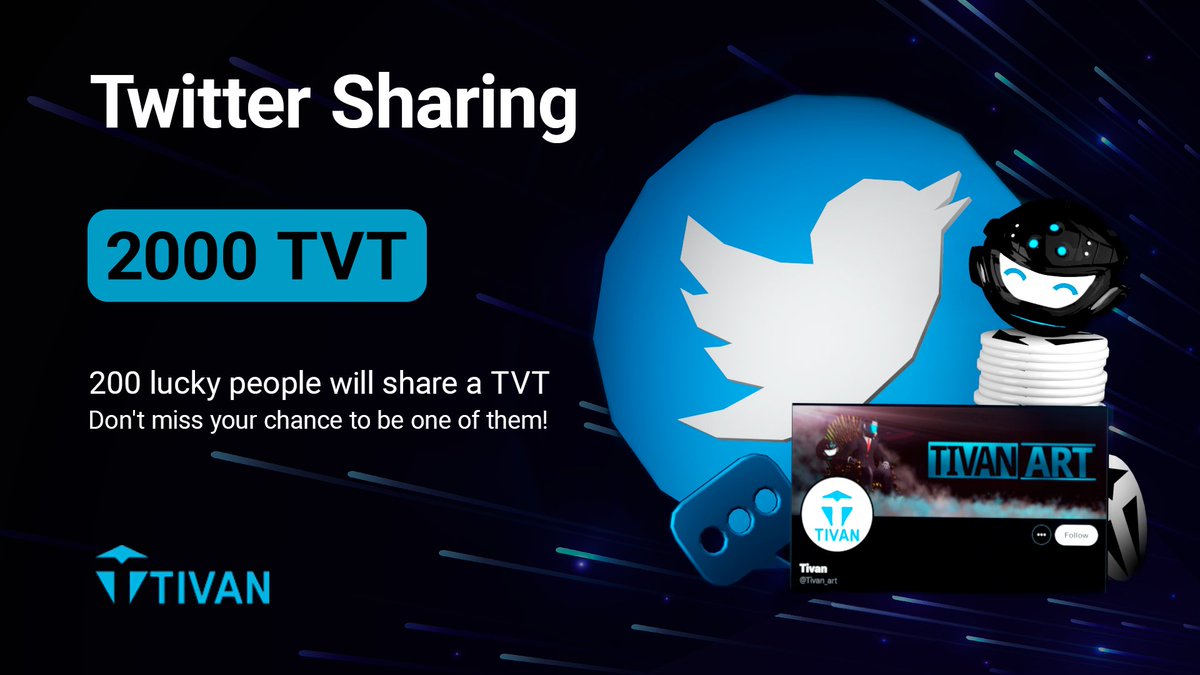 Tivan_art's tweet image. 💥Tivan Giveaway in Twitter💥

🟢Starting: 10.06
🔵 End: 06/17/06

Prize: 2,000 TVT
200 users will share 10 TVT each

🤔How to participate?

▪️Subscribe on Twitter: @Tivan_art 

▪️Like and retweet the post, add your bep-20 wallet, tag @tivan_art and #Tivan_Contest : POST