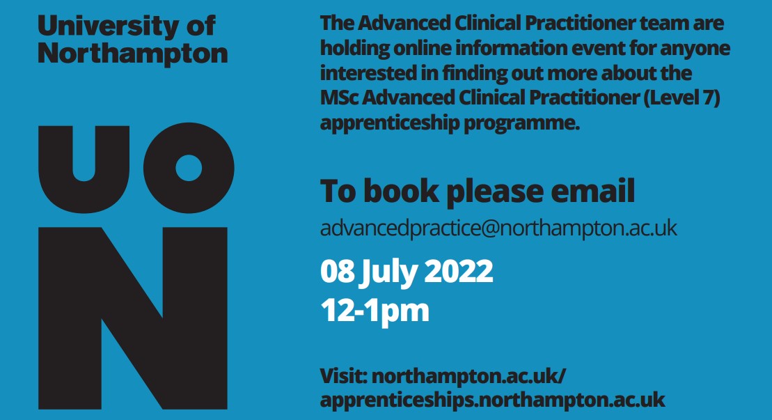 Are you a #health professional – nursing, occupational therapy, physio, paramedics etc – looking to advance your professional development?

Or are you an employer looking to develop Advanced #Clinical Practitioners? 

Join our apprenticeship information event for more. 
👇👇👇