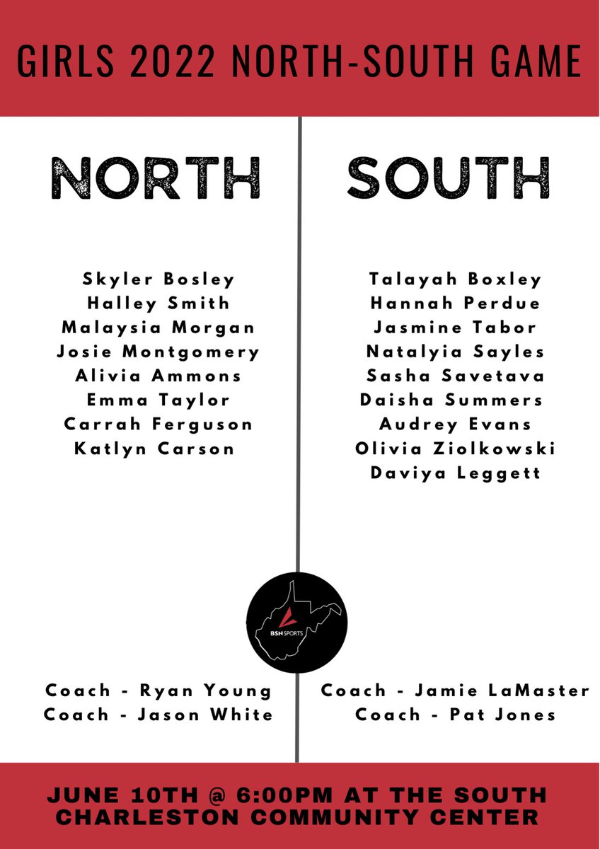 Tonight!

🏀🚨 NORTH-SOUTH ALL STAR GAME 🚨 🏀 

📅 Date: Friday, June 10th
📍Place: South Charleston Community Center
⏰ Time: 6:00 &amp; 7:30
✅ Presented by <a href="/BSNSPORTS_WV/">BSN SPORTS West Virginia</a> 

Come support! #wvprepbb #wvgirlsbb
