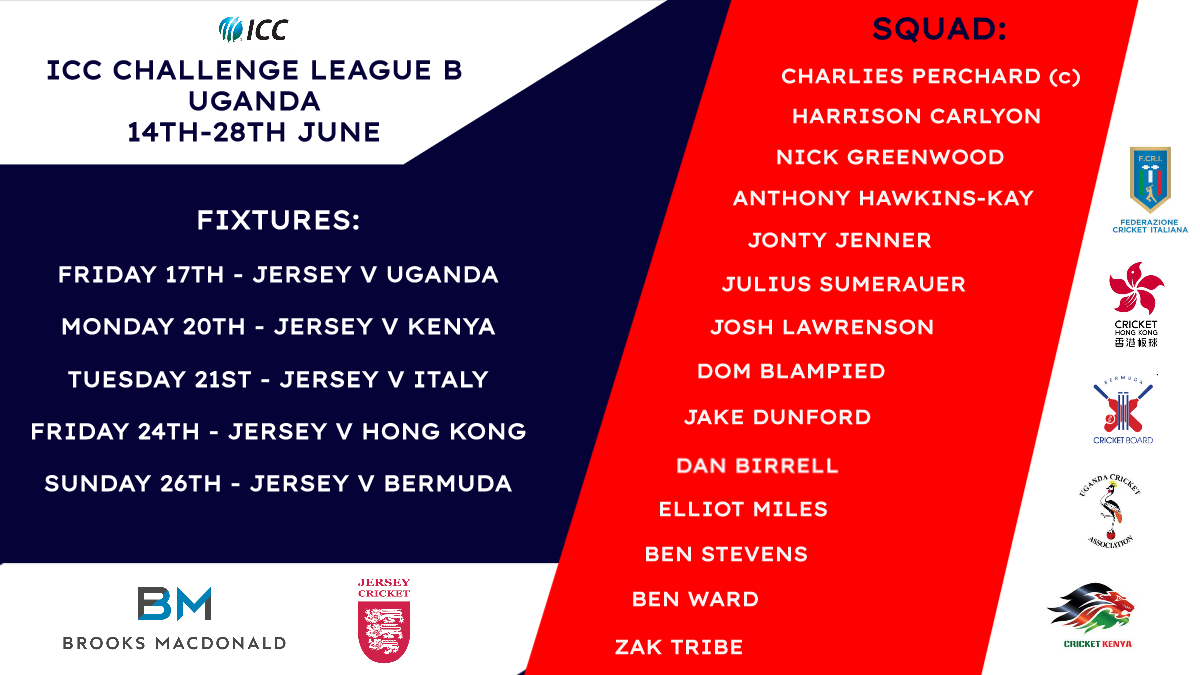 🔴 MENS CRICKET 🔴

Just 1 week to go until our <a href="/ICC/">ICC</a> Challenge League B campaign continues...

The squad depart tonight to begin preparations ahead of the first game. Take a look at our travelling squad and fixture schedule.

#BrooksMacdonaldCricket | #backingred 🇯🇪