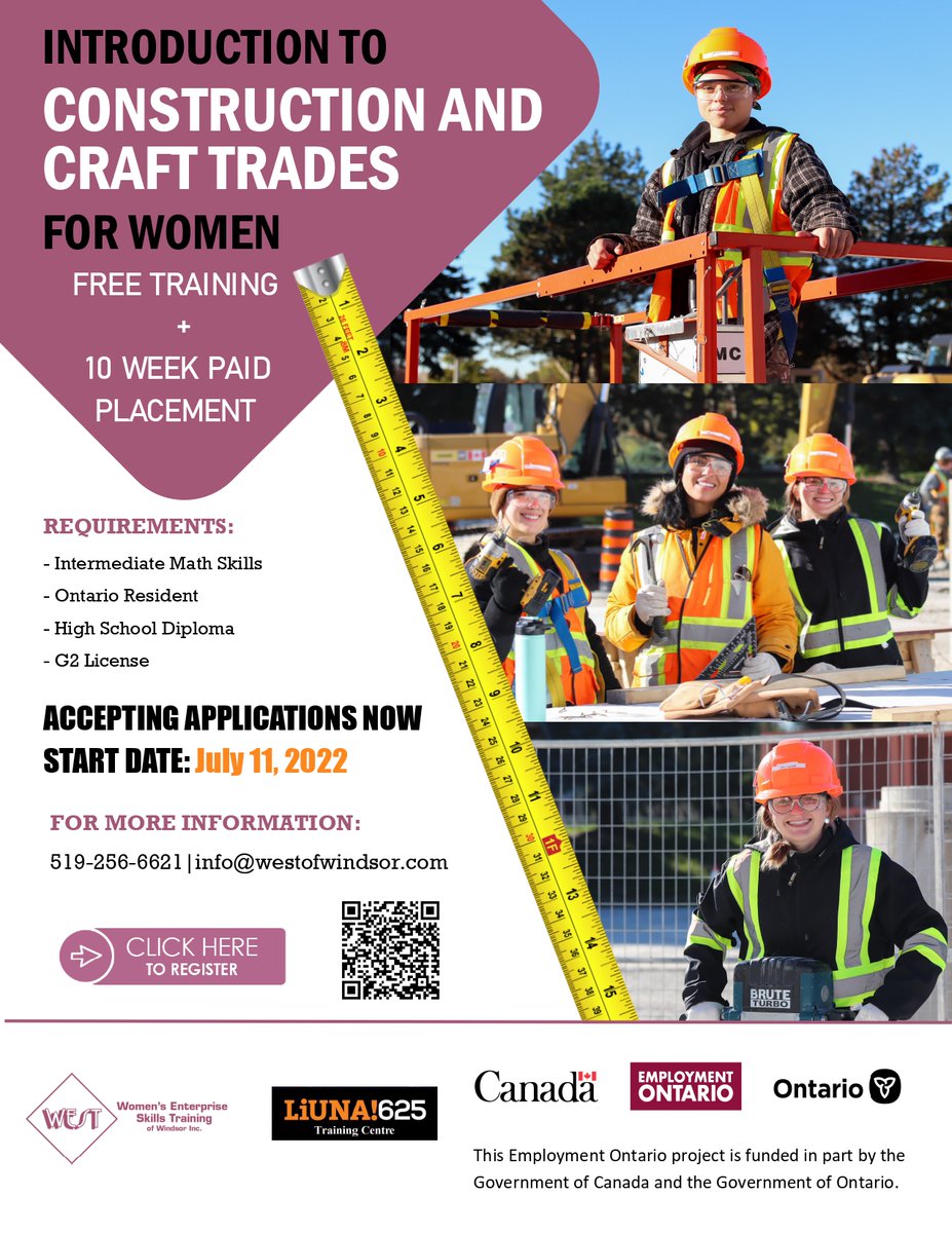 WESTofWindsor's tweet photo. Are you interested in starting a career in the construction trade? @WESTofWindsor is now accepting applications for the Introduction to Construction and Craft Trades for Women (ICCTW) program. Program starts July11, 2022. Space is limited. 
To register: https://t.co/3Of2BNuGRI https://t.co/DVqGO4kZoX