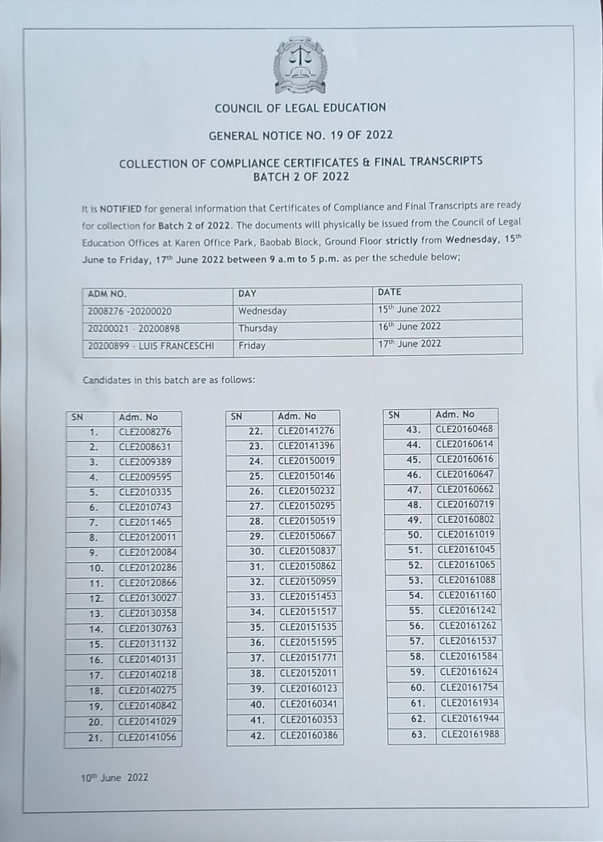 CLE_Kenya's tweet photo. RoA Admission Updates!!! @CLE_Kenya has the following lists of names to guide you on when you should collect your CCs and Final Transcripts. It is strictly from Wednesday 15th to Friday 17th June 2022 between  9a.m to 5p.m @EWKituku #weendavortoservebest https://t.co/c6I8FVVifc