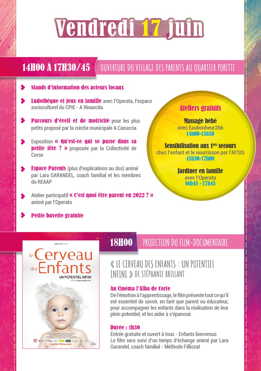 Caf_2b's tweet photo. 📣Le village de la #Parentalité organisé par le REAAP Centru di Corsica et soutenu par la Caf se tiendra à Corte les 17 et 18 juin ! 
Un événement gratuit et ouvert à toute la #famille : parents, grands-parents, enfants mais aussi aux professionnels et étudiants... 👨‍👩‍👧‍👧 https://t.co/P7HAsuG1xt